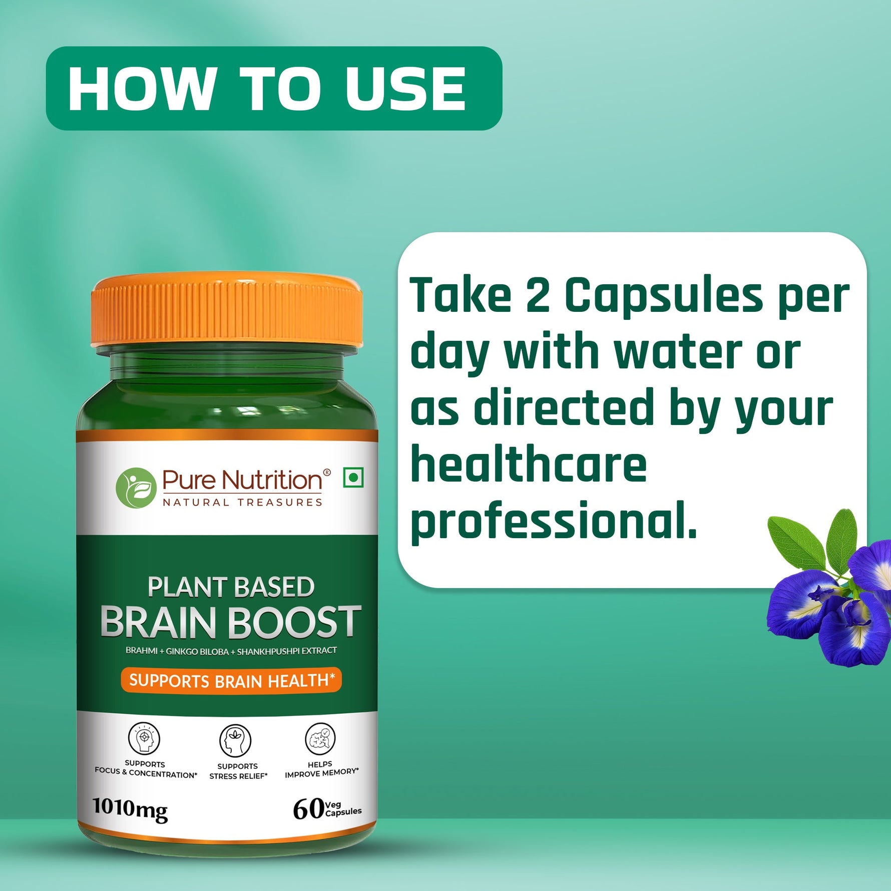Pure Nutrition Plant Based Brain Boost (1010mg) - 60 Veg Capsules | With Brahmi, Ginkgo Biloba & Shankhpushpi Extract | Supports Memory, Focus, Stress Relief & Cognitive Function