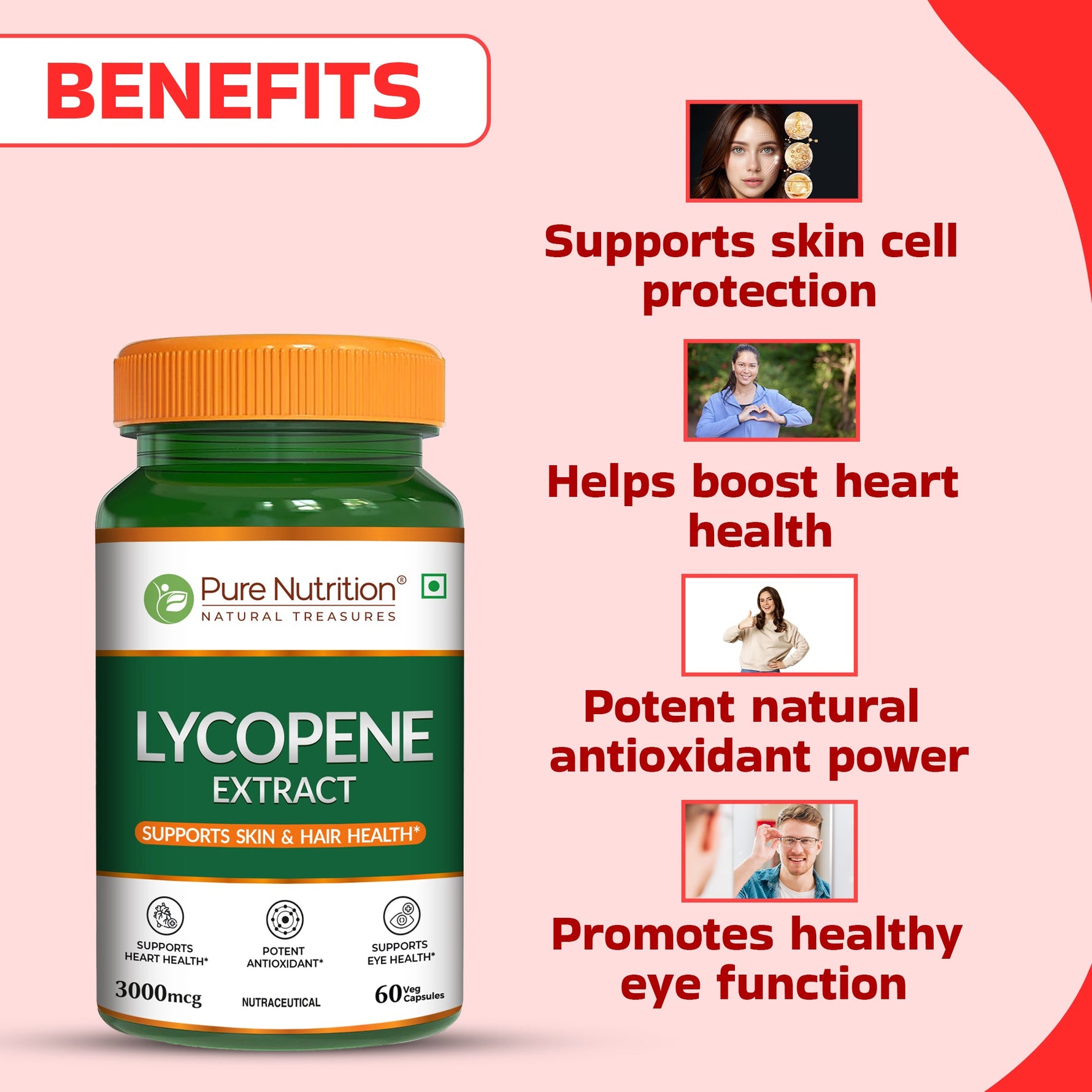 Pure Nutrition Lycopene 3000 mcg – 60 Plant-Based Vegetarian Capsules |Strong Antioxidant Blend Supporting Skin, Hair, Heart, Prostate & Daily Cellular Wellbeing