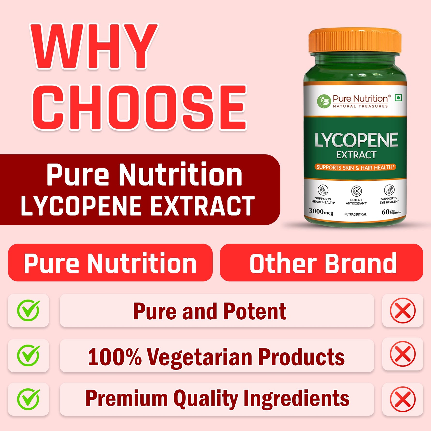 Pure Nutrition Lycopene 3000 mcg – 60 Plant-Based Vegetarian Capsules |Strong Antioxidant Blend Supporting Skin, Hair, Heart, Prostate & Daily Cellular Wellbeing