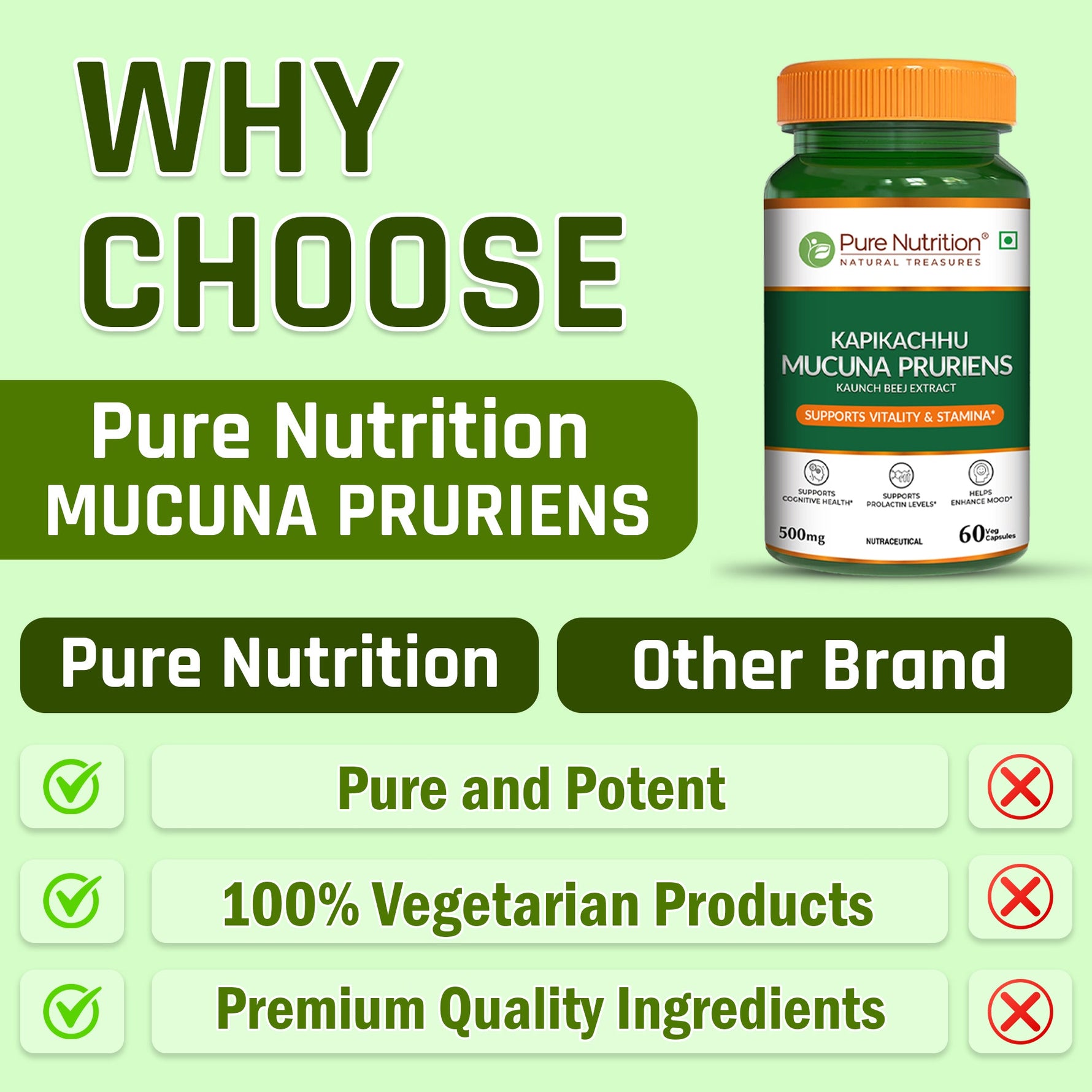 Pure Nutrition Kapikacchu Mucuna Pruriens (Kaunch Beej Extract), 500mg, 60 Veg Capsules – Supports Vitality, Cognitive Health & Mood Balance