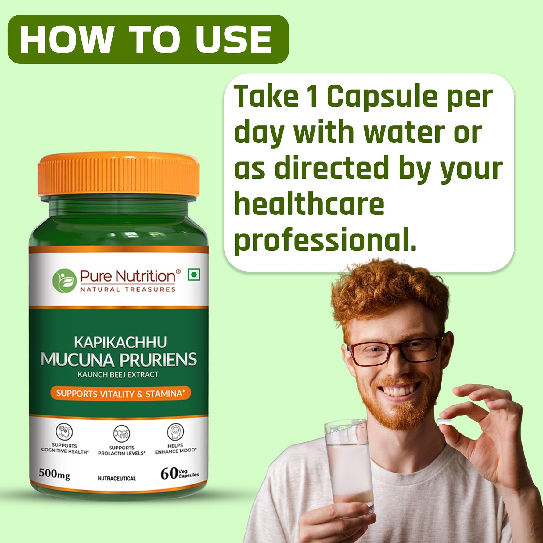 Pure Nutrition Kapikacchu Mucuna Pruriens (Kaunch Beej Extract), 500mg, 60 Veg Capsules – Supports Vitality, Cognitive Health & Mood Balance