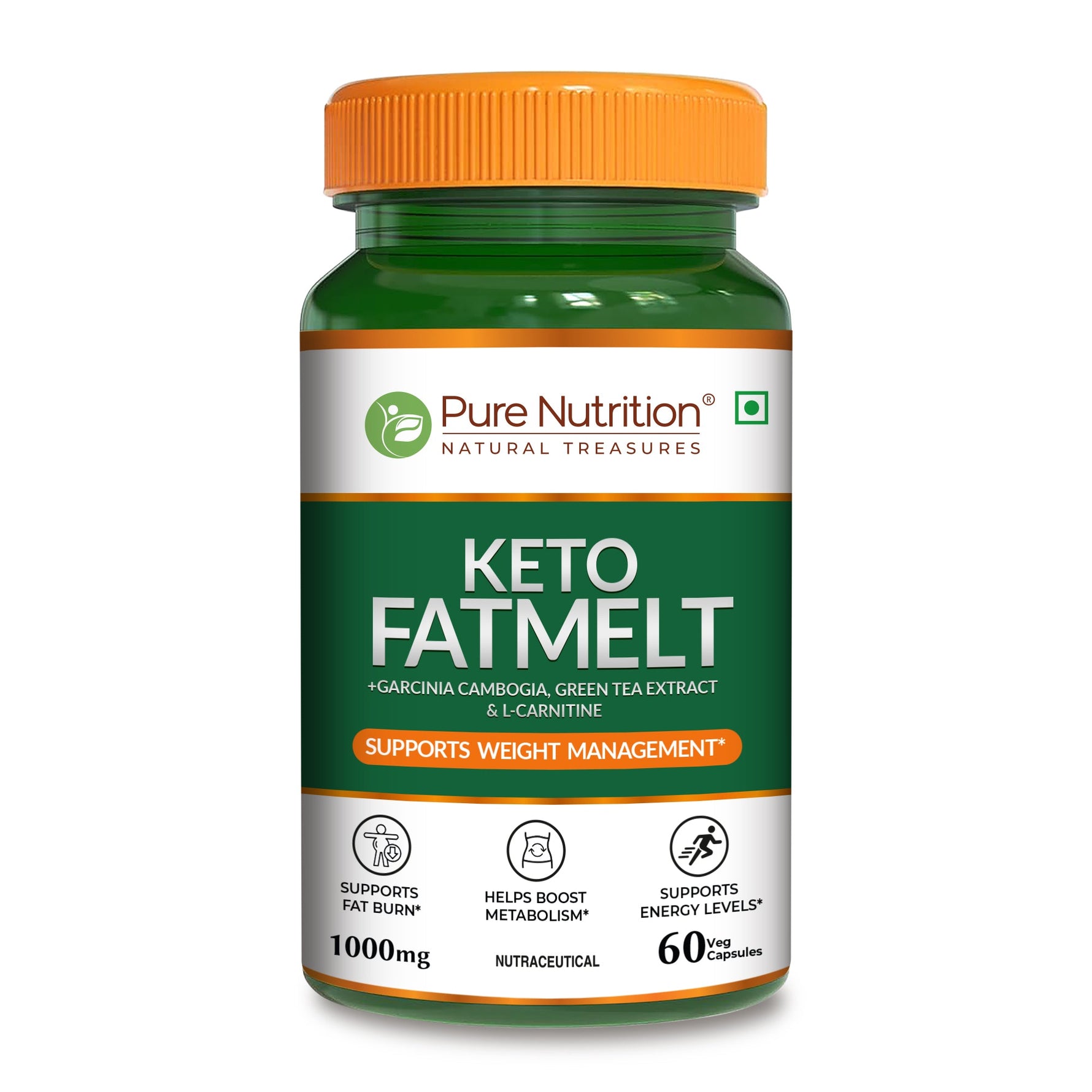 Pure Nutrition Keto FatMelt, 1000mg, 60 Veg Capsules, with Garcinia Cambogia, Green Tea Extract & L-Carnitine – Weight Management Supplement