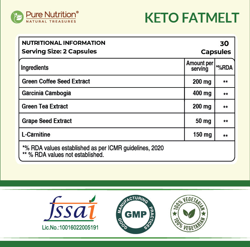 Pure Nutrition Keto FatMelt, 1000mg, 60 Veg Capsules, with Garcinia Cambogia, Green Tea Extract & L-Carnitine – Weight Management Supplement