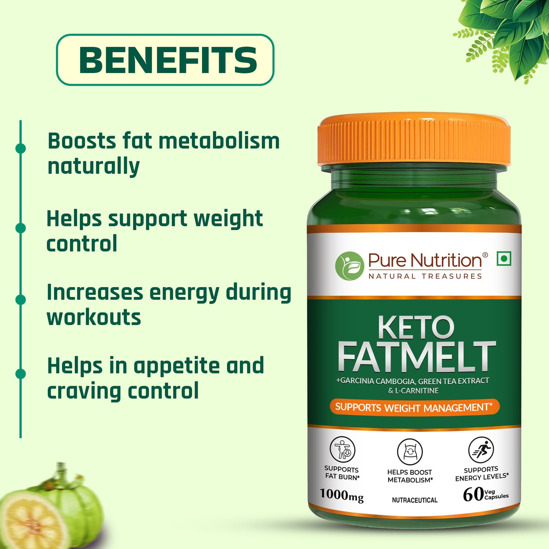 Pure Nutrition Keto FatMelt, 1000mg, 60 Veg Capsules, with Garcinia Cambogia, Green Tea Extract & L-Carnitine – Weight Management Supplement