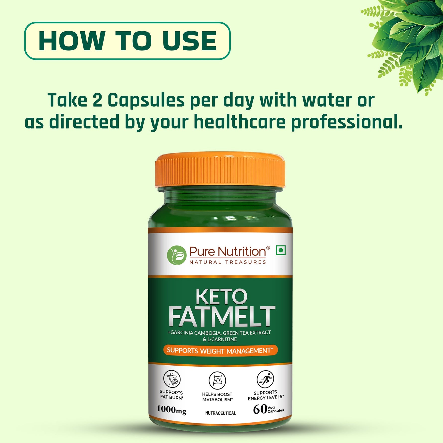 Pure Nutrition Keto FatMelt, 1000mg, 60 Veg Capsules, with Garcinia Cambogia, Green Tea Extract & L-Carnitine – Weight Management Supplement