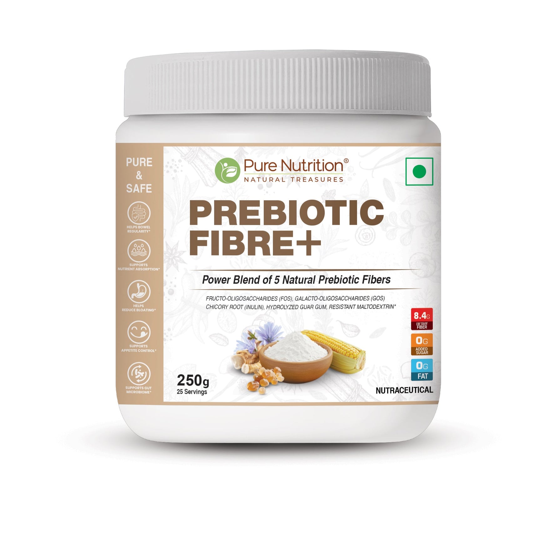 Pure Nutrition Prebiotic Fibre Powder, 250g - Fiber Supplement with Natural Blend of 5 Prebiotic Fibers for Digestive Health, Supports Bowel Regularity & Gut Microbiome | Zero Sugar & Zero Fat