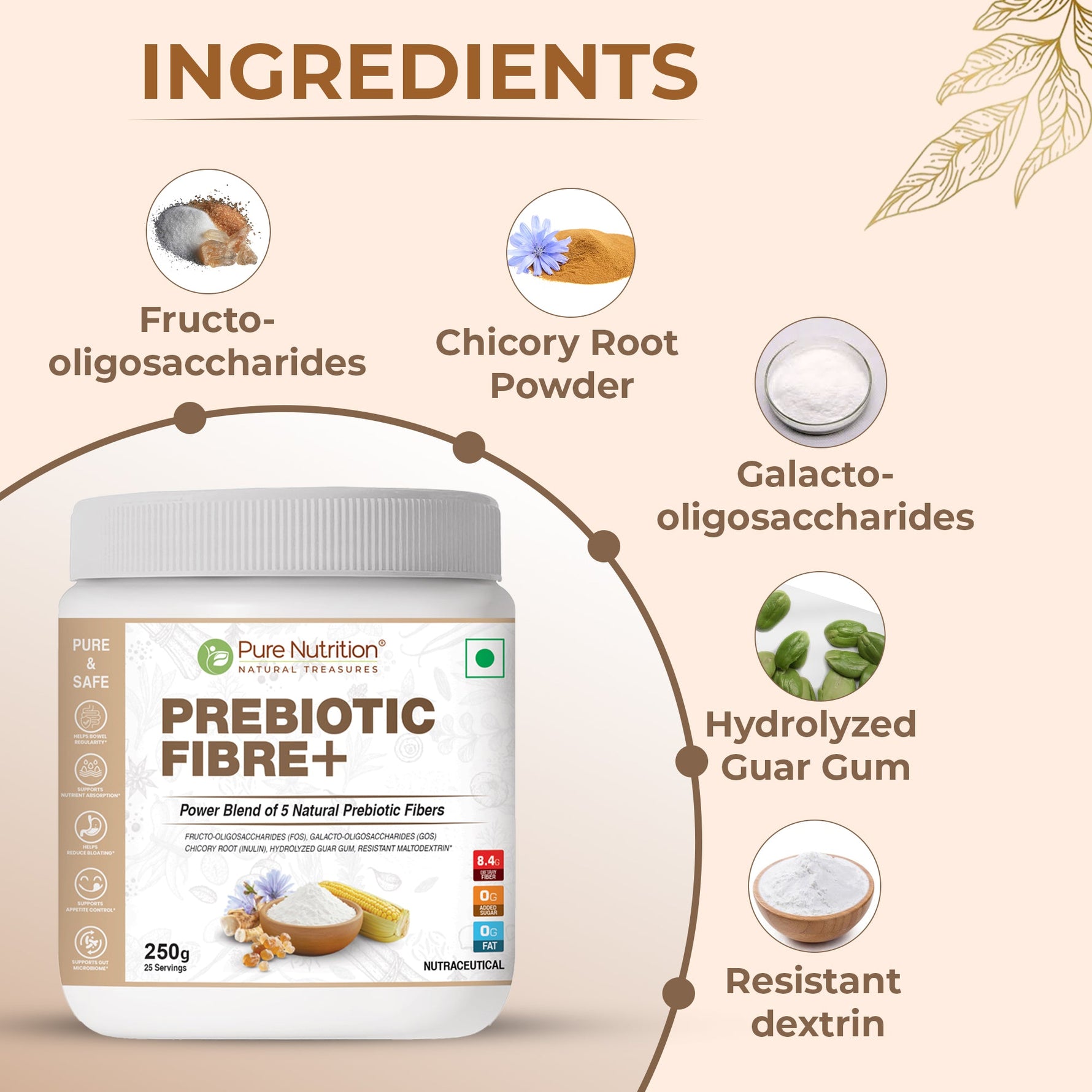 Pure Nutrition Prebiotic Fibre Powder, 250g - Fiber Supplement with Natural Blend of 5 Prebiotic Fibers for Digestive Health, Supports Bowel Regularity & Gut Microbiome | Zero Sugar & Zero Fat