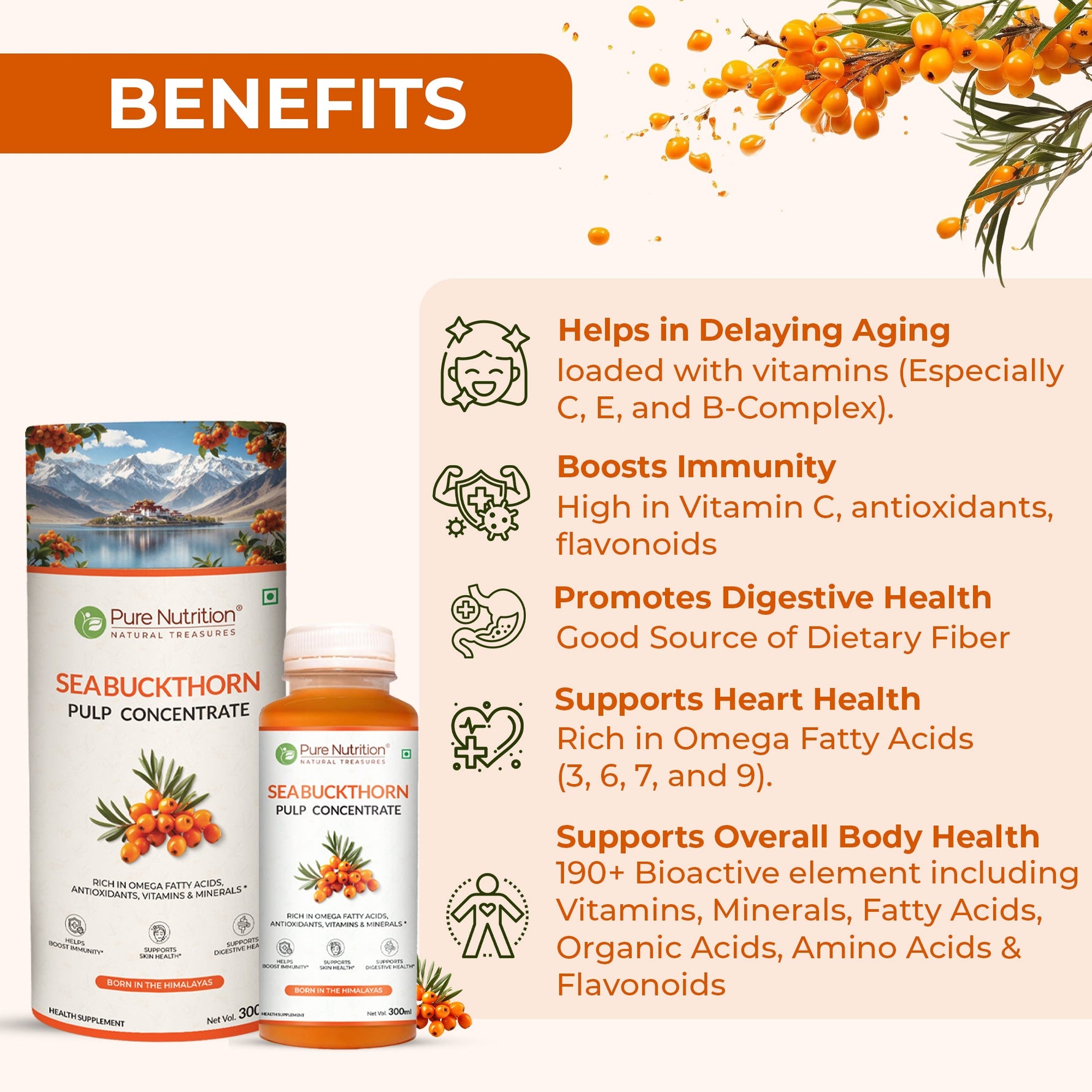 Pure Nutrition Seabuckthorn Pulp Concentrate 300ml | Rich in Omega Fatty Acids (3,6,7 & 9), Vitamins & Antioxidants | Supports Immunity, Heart & Digestive Health | Promotes Skin,Cellular Health & Overall Wellness