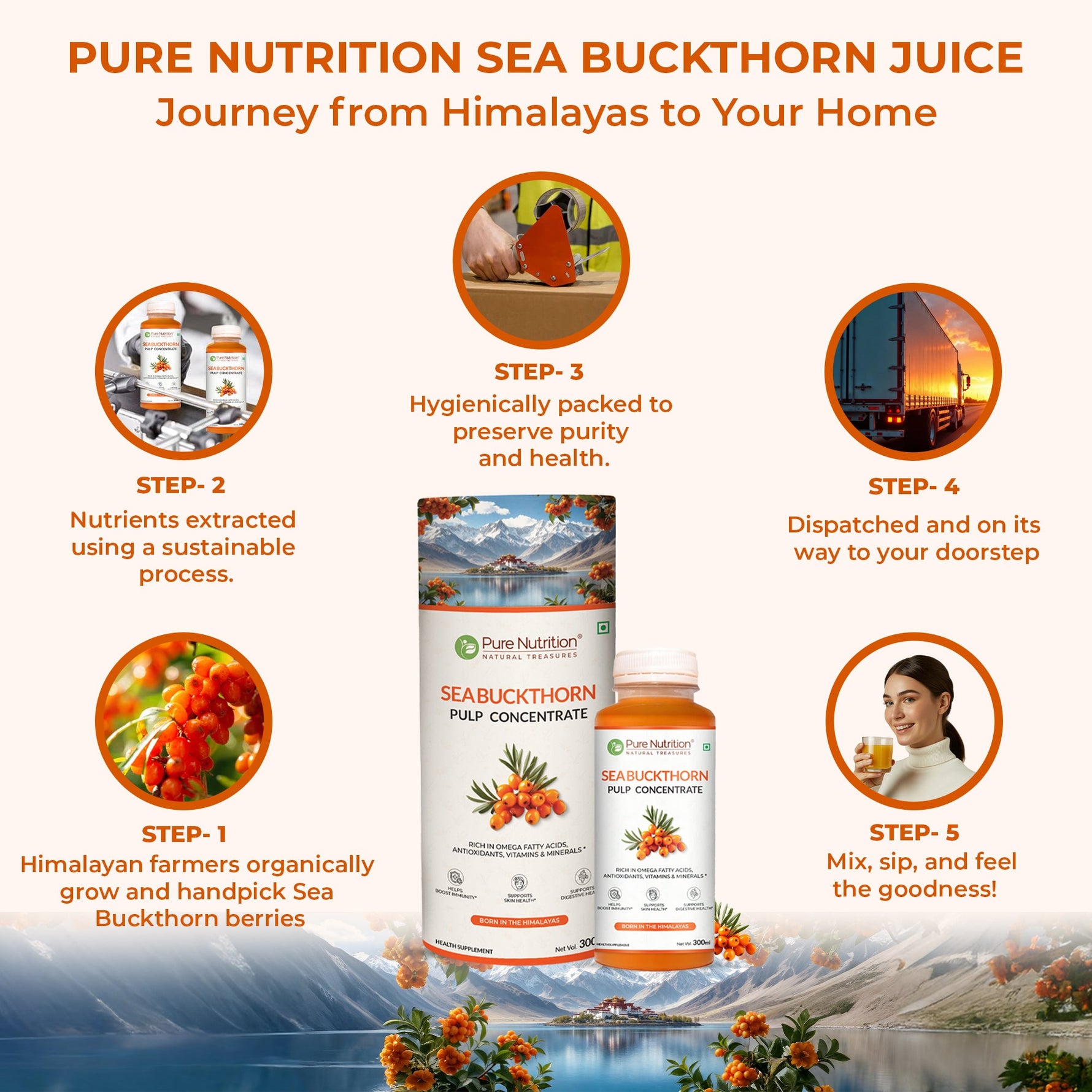 Pure Nutrition Seabuckthorn Pulp Concentrate 300ml | Rich in Omega Fatty Acids (3,6,7 & 9), Vitamins & Antioxidants | Supports Immunity, Heart & Digestive Health | Promotes Skin,Cellular Health & Overall Wellness