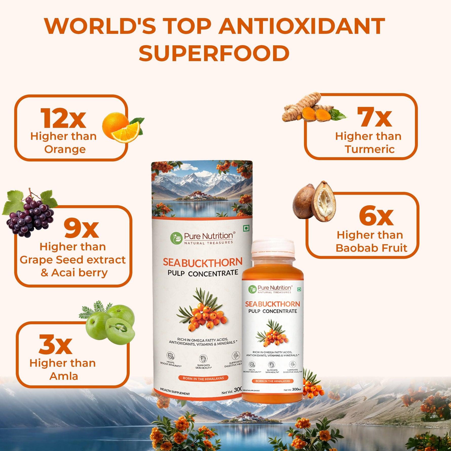 Pure Nutrition Seabuckthorn Pulp Concentrate 300ml | Rich in Omega Fatty Acids (3,6,7 & 9), Vitamins & Antioxidants | Supports Immunity, Heart & Digestive Health | Promotes Skin,Cellular Health & Overall Wellness