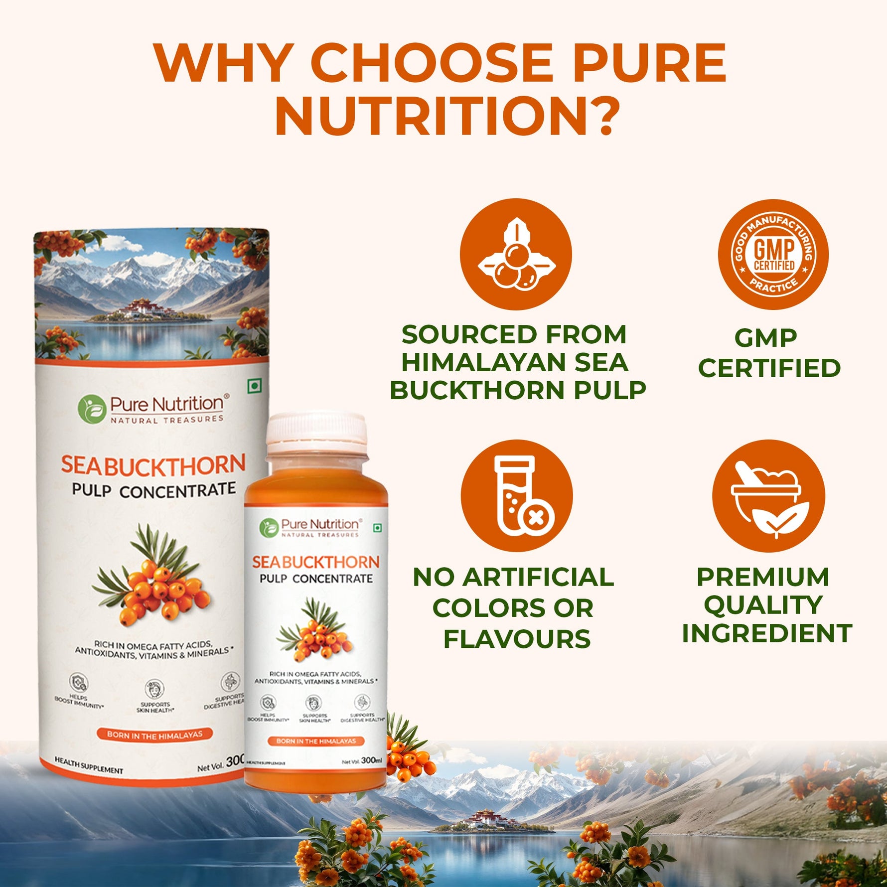 Pure Nutrition Seabuckthorn Pulp Concentrate 300ml | Rich in Omega Fatty Acids (3,6,7 & 9), Vitamins & Antioxidants | Supports Immunity, Heart & Digestive Health | Promotes Skin,Cellular Health & Overall Wellness