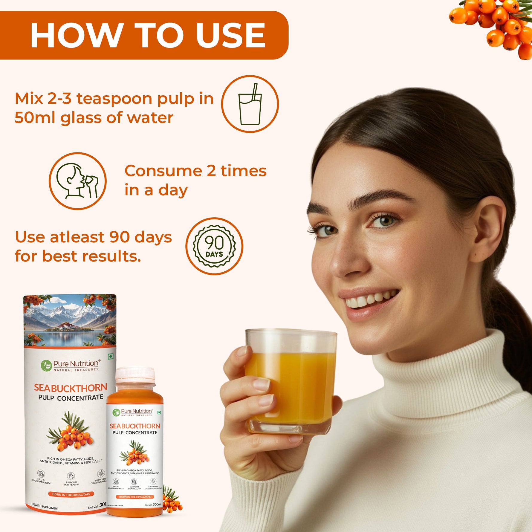 Pure Nutrition Seabuckthorn Pulp Concentrate 300ml | Rich in Omega Fatty Acids (3,6,7 & 9), Vitamins & Antioxidants | Supports Immunity, Heart & Digestive Health | Promotes Skin,Cellular Health & Overall Wellness