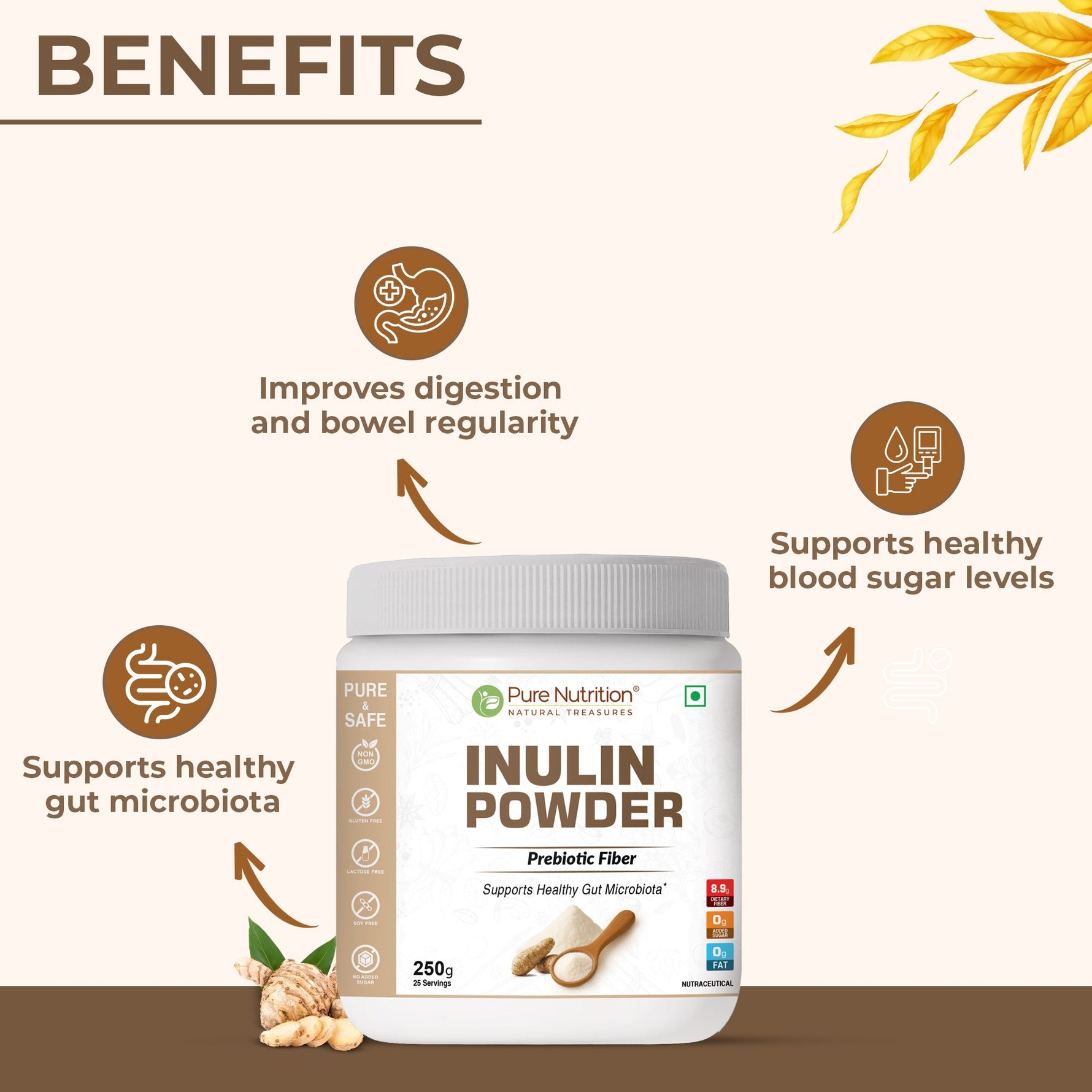 Pure Nutrition Prebiotic Inulin Fiber Powder 250g | Prebiotic Fiber for Gut Health & Digestion | Non-GMO, Gluten-Free, Lactose-Free, Soy-Free | No Added Sugar | Supports Healthy Gut Microbiota