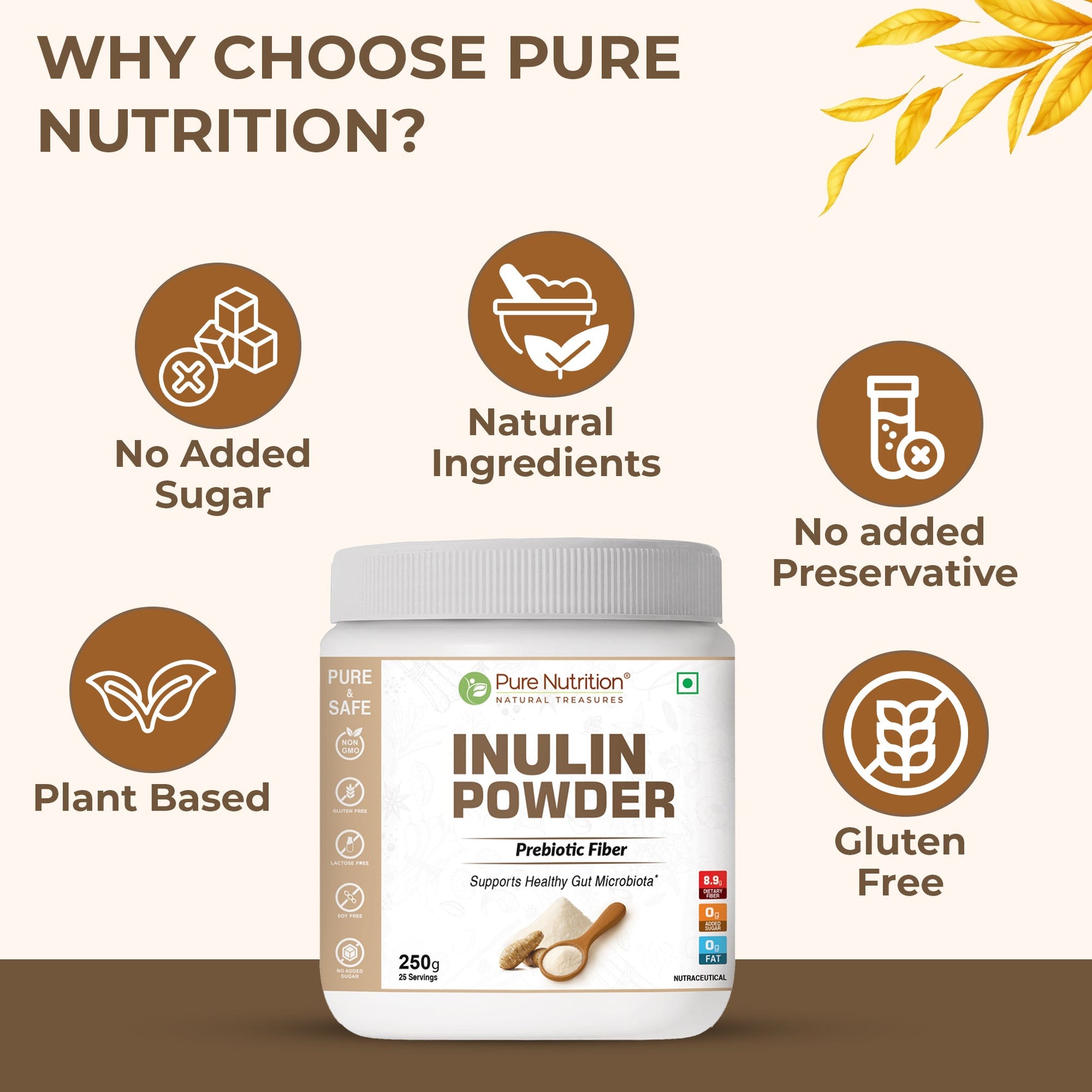 Pure Nutrition Prebiotic Inulin Fiber Powder 250g | Prebiotic Fiber for Gut Health & Digestion | Non-GMO, Gluten-Free, Lactose-Free, Soy-Free | No Added Sugar | Supports Healthy Gut Microbiota