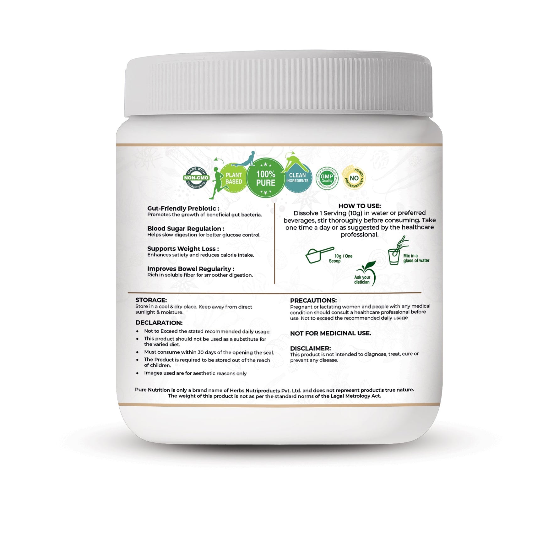Pure Nutrition Prebiotic Inulin Fiber Powder 250g | Prebiotic Fiber for Gut Health & Digestion | Non-GMO, Gluten-Free, Lactose-Free, Soy-Free | No Added Sugar | Supports Healthy Gut Microbiota