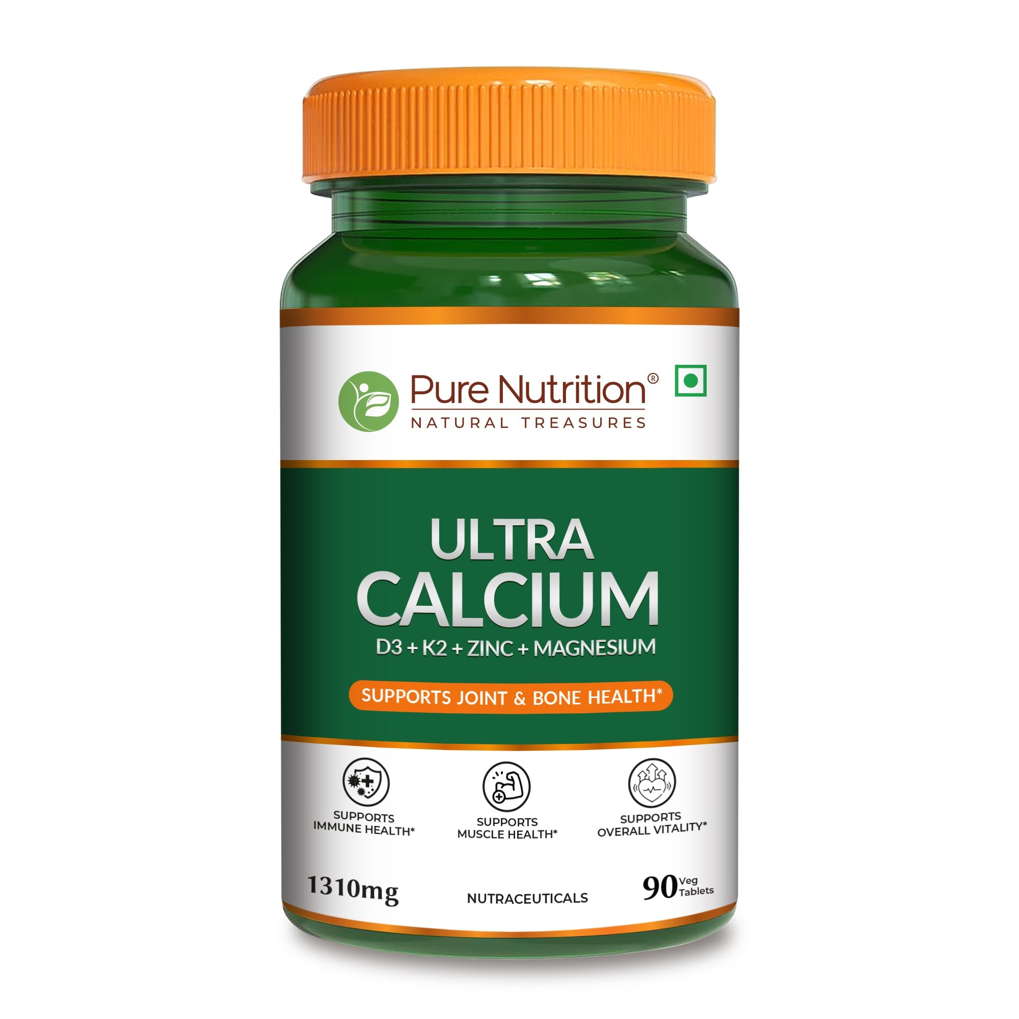 Pure Nutrition Ultra Calcium 1310mg – 90 Veg Tablets | With Vitamin D3, K2, Zinc & Magnesium | Bone, Joint, Muscle & Immune Health Support | Calcium Supplement for Men & Women