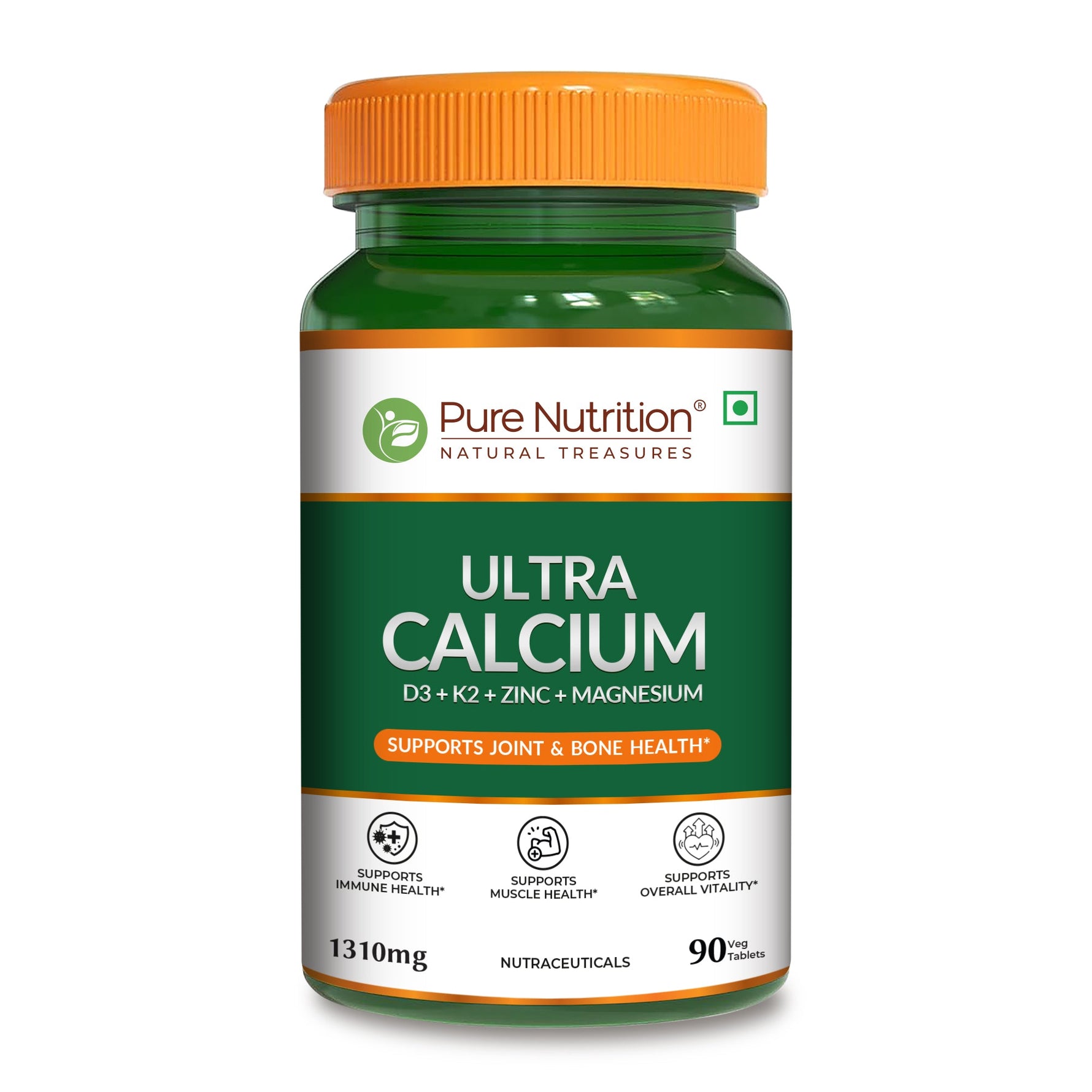 Pure Nutrition Ultra Calcium 1310mg – 90 Veg Tablets | With Vitamin D3, K2, Zinc & Magnesium | Bone, Joint, Muscle & Immune Health Support | Calcium Supplement for Men & Women