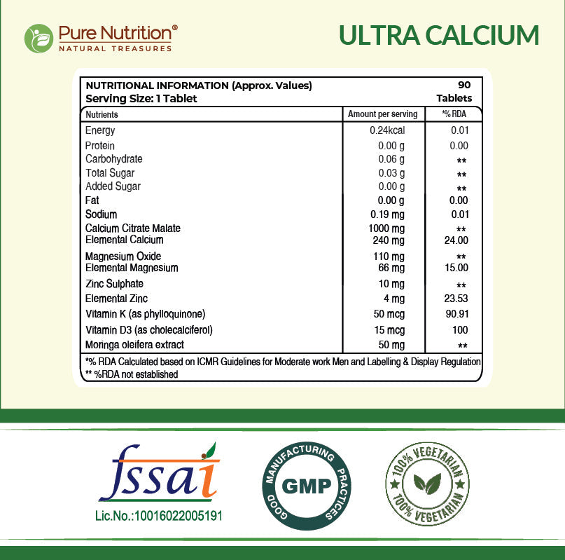 Pure Nutrition Ultra Calcium 1310mg – 90 Veg Tablets | With Vitamin D3, K2, Zinc & Magnesium | Bone, Joint, Muscle & Immune Health Support | Calcium Supplement for Men & Women