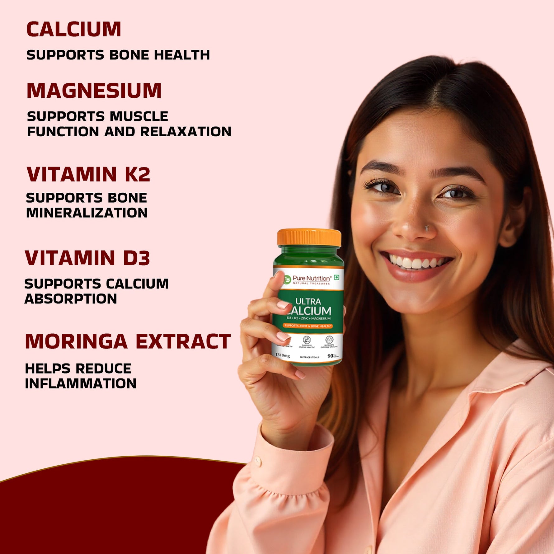 Pure Nutrition Ultra Calcium 1310mg – 90 Veg Tablets | With Vitamin D3, K2, Zinc & Magnesium | Bone, Joint, Muscle & Immune Health Support | Calcium Supplement for Men & Women