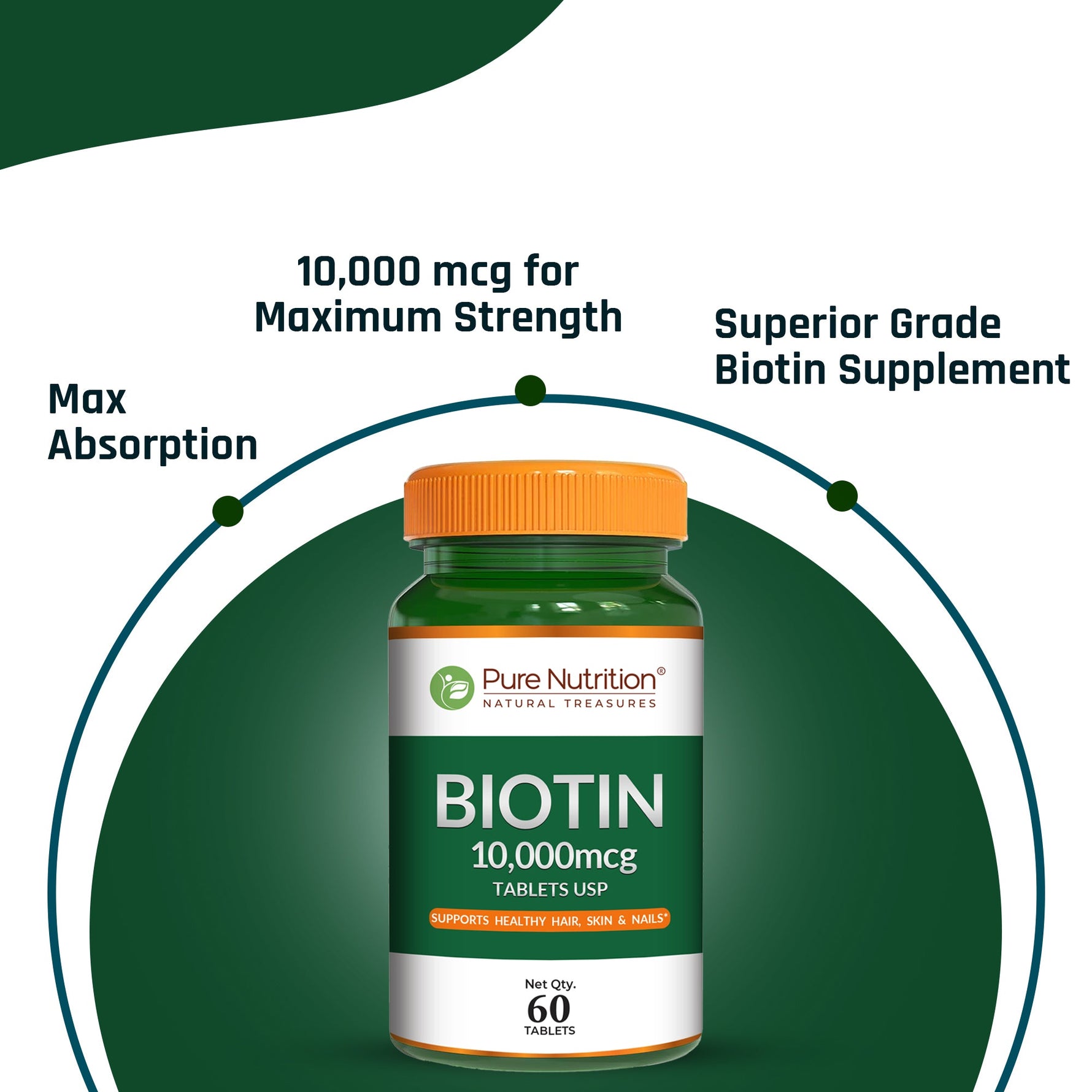 Pure Nutrition Biotin 10000 mcg, 60 Tablets | Supports Hair Growth, Strong Nails & Healthy Skin | High Potency Biotin Supplement for Men & Women