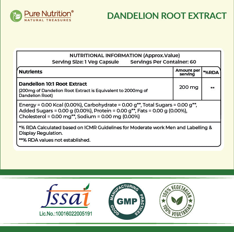 Pure Nutrition Dandelion Root Extract (200mg)- 60 Veg Capsules | 10:1 Root Extract | Supports Liver Health, Digestion & Antioxidant Activity | Natural Diuretic Support