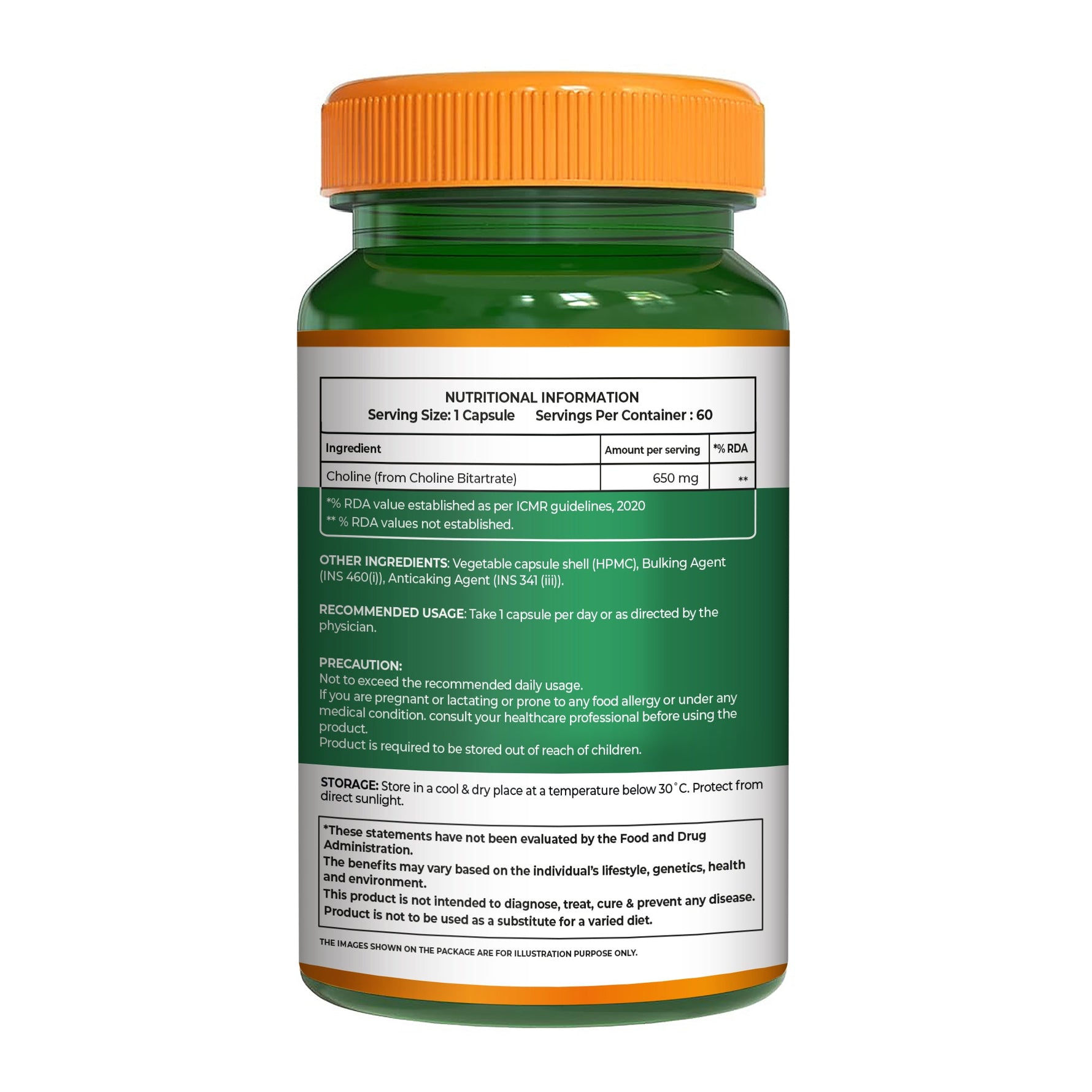 Pure Nutrition Choline Bitartrate (650mg) – 60 Veg Capsules | Supports Brain, Nerve, Liver & Heart Health | Nootropic Supplement for Cognitive Function