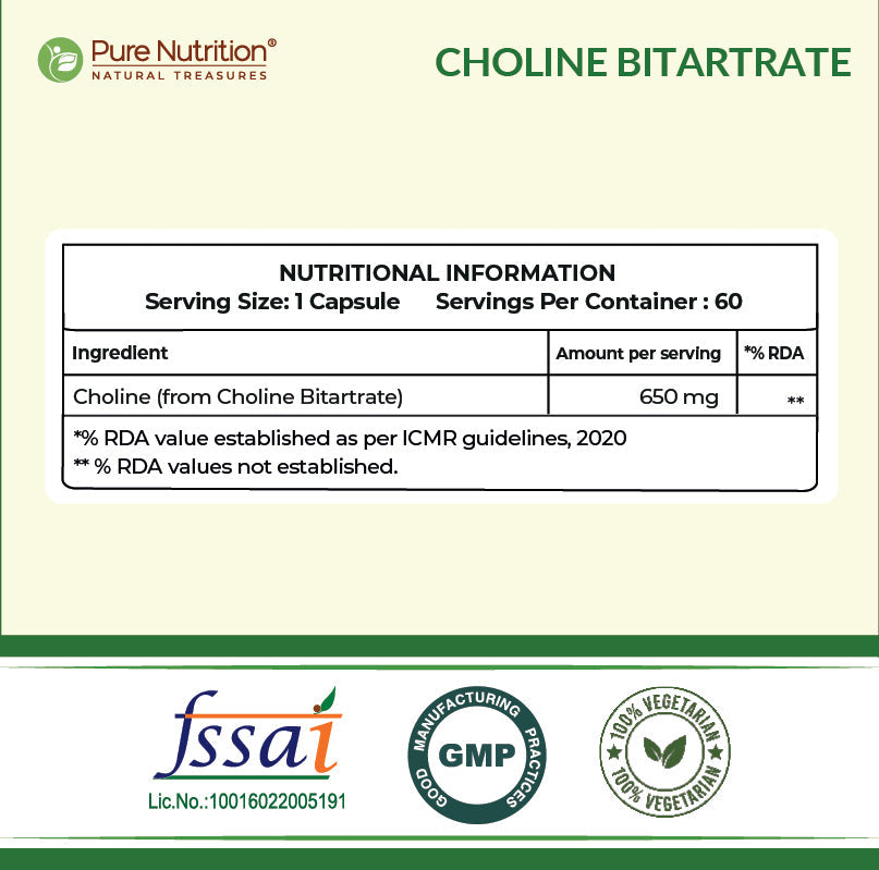 Pure Nutrition Choline Bitartrate (650mg) – 60 Veg Capsules | Supports Brain, Nerve, Liver & Heart Health | Nootropic Supplement for Cognitive Function