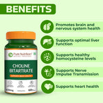 Pure Nutrition Choline Bitartrate (650mg) – 60 Veg Capsules | Supports Brain, Nerve, Liver & Heart Health | Nootropic Supplement for Cognitive Function