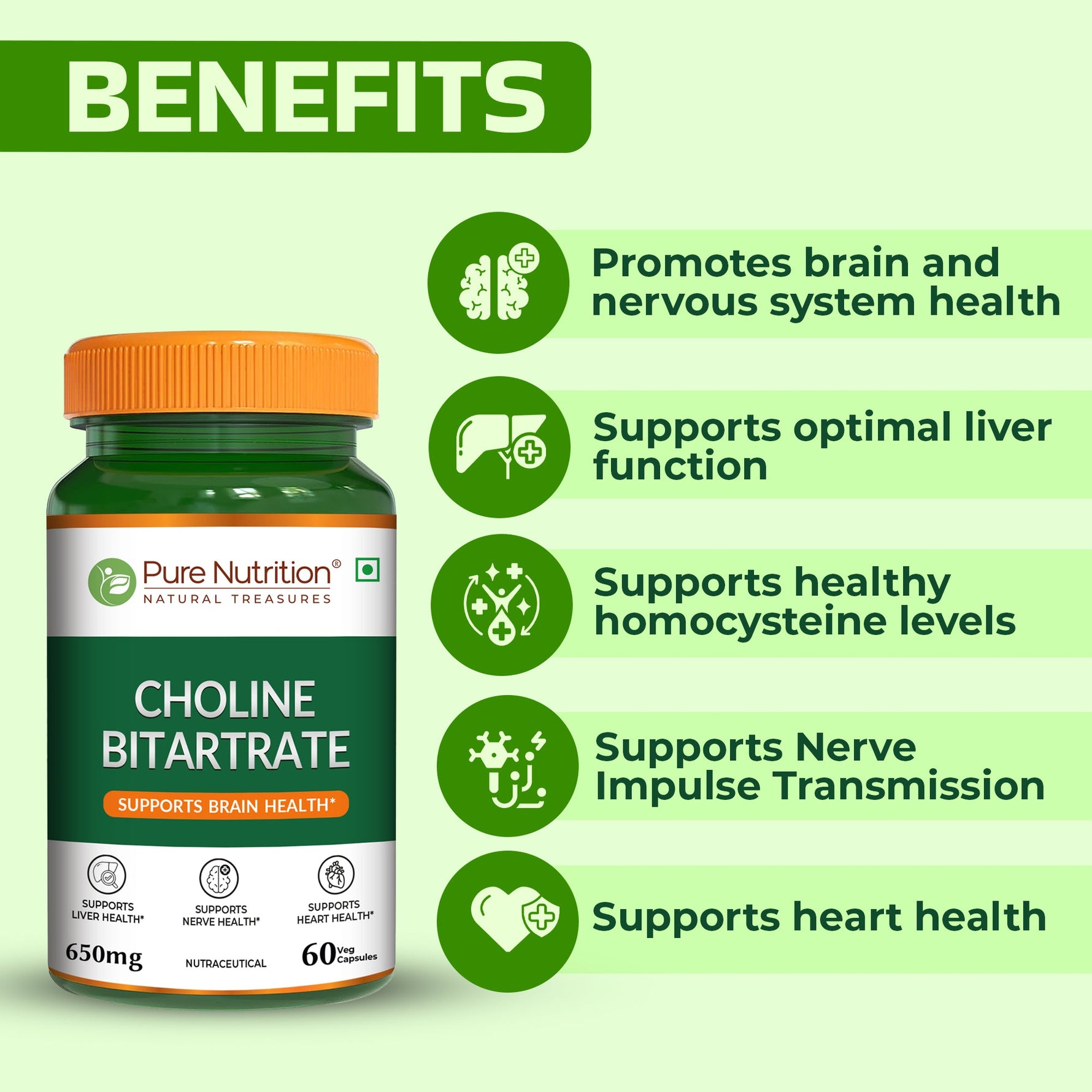 Pure Nutrition Choline Bitartrate (650mg) – 60 Veg Capsules | Supports Brain, Nerve, Liver & Heart Health | Nootropic Supplement for Cognitive Function