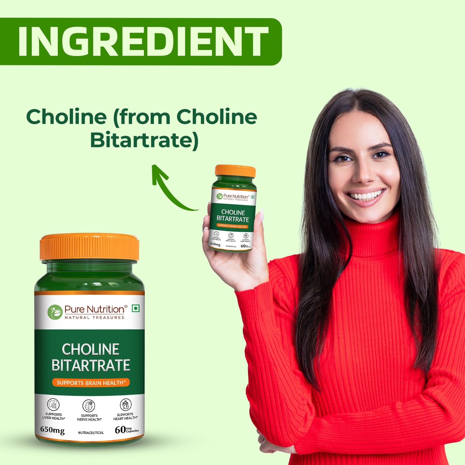 Pure Nutrition Choline Bitartrate (650mg) – 60 Veg Capsules | Supports Brain, Nerve, Liver & Heart Health | Nootropic Supplement for Cognitive Function
