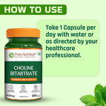 Pure Nutrition Choline Bitartrate (650mg) – 60 Veg Capsules | Supports Brain, Nerve, Liver & Heart Health | Nootropic Supplement for Cognitive Function