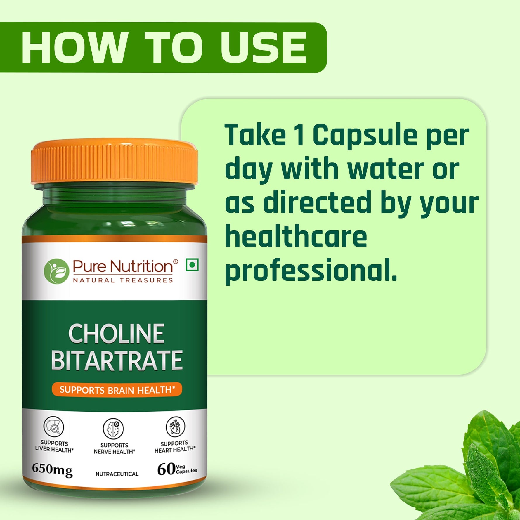 Pure Nutrition Choline Bitartrate (650mg) – 60 Veg Capsules | Supports Brain, Nerve, Liver & Heart Health | Nootropic Supplement for Cognitive Function