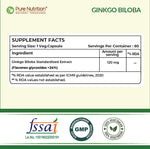 Pure Nutrition Ginkgo Biloba 120mg - 60 Veg Capsules | 24% Flavone Glycosides | Supports Memory, Better Concentration | Helps Reduce Stress & Improve Blood Circulation