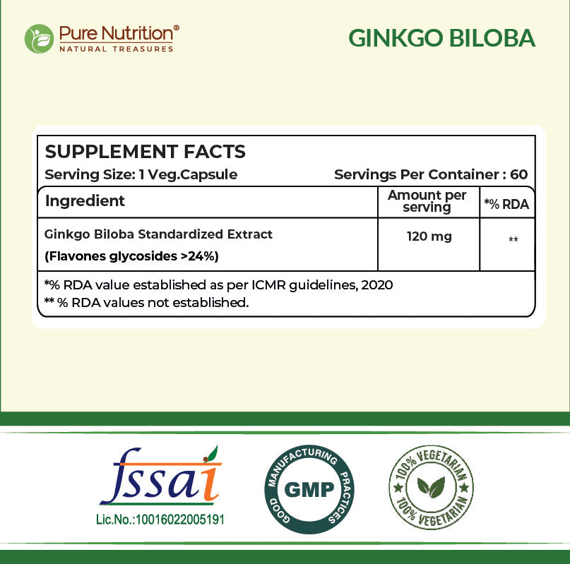 Pure Nutrition Ginkgo Biloba 120mg - 60 Veg Capsules | 24% Flavone Glycosides | Supports Memory, Better Concentration | Helps Reduce Stress & Improve Blood Circulation