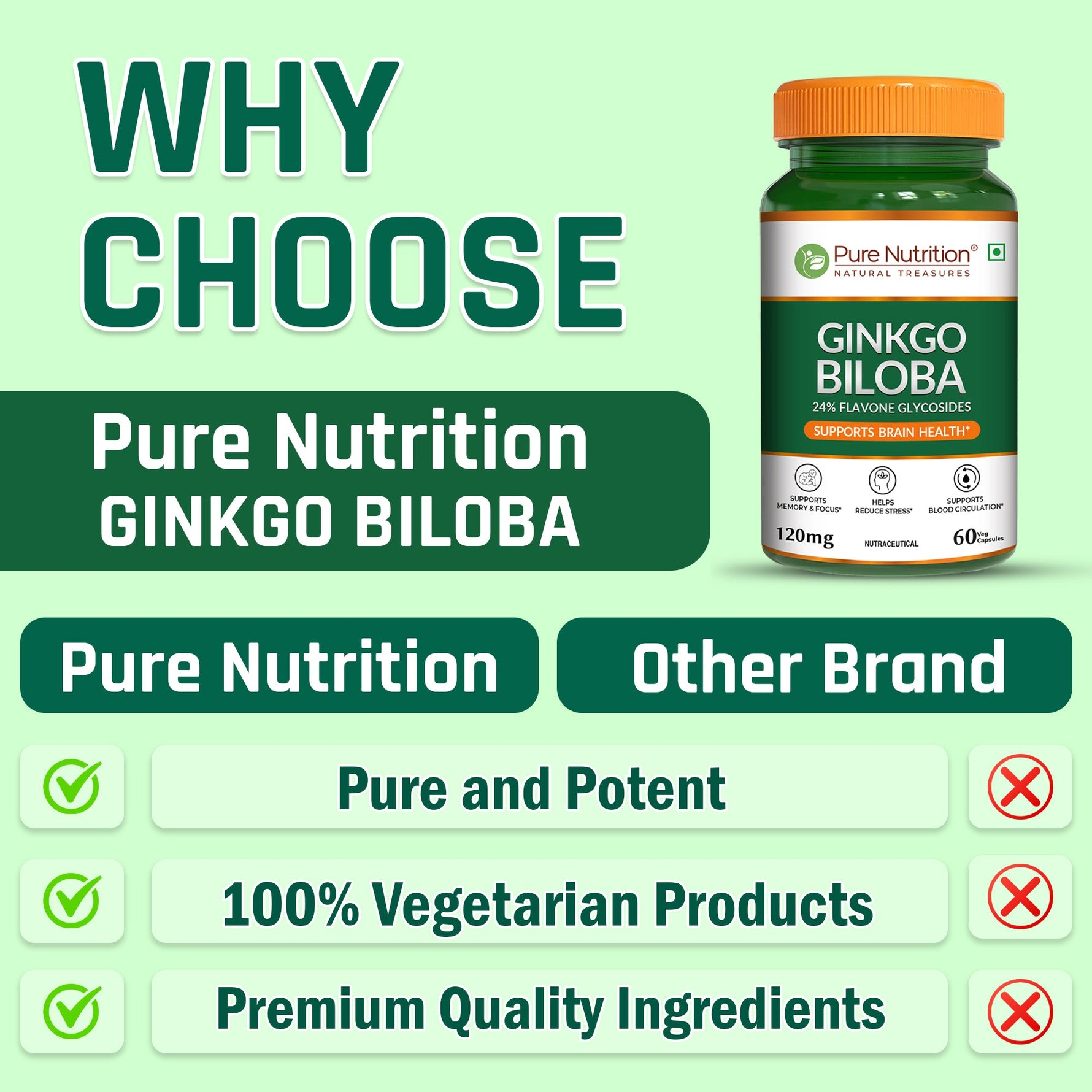 Pure Nutrition Ginkgo Biloba 120mg - 60 Veg Capsules | 24% Flavone Glycosides | Supports Memory, Better Concentration | Helps Reduce Stress & Improve Blood Circulation