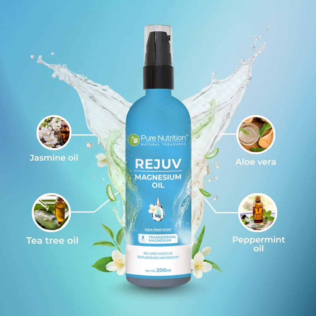 Pure Nutrition Rejuvenate Magnesium Oil Spray - 200ml | Aqua fresh with Aloe vera,Jasmine,Tea tree and Pepper mint oil | Heals with refreshing muscle support.