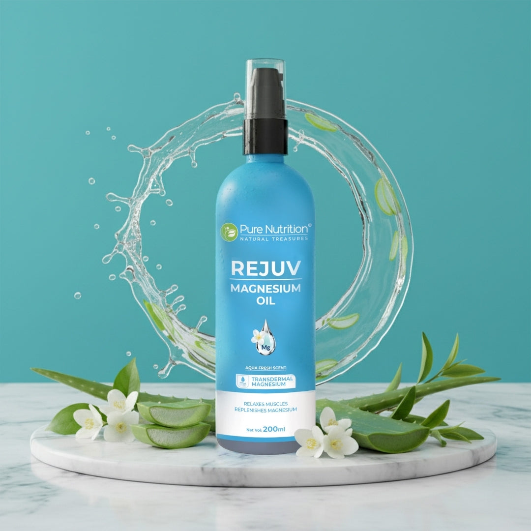 Pure Nutrition Rejuvenate Magnesium Oil Spray - 200ml | Aqua fresh with Aloe vera,Jasmine,Tea tree and Pepper mint oil | Heals with refreshing muscle support.