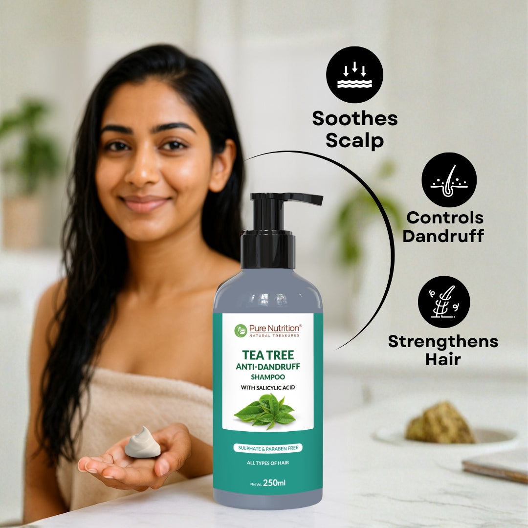 Pure Nutrition Tea Tree Anti-Dandruff Shampoo, 250ml | With Salicylic Acid | Sulphate & Paraben Free | Controls Flakes & Itch | Cleanses Scalp & Reduces Oiliness | Suitable for All Hair Types