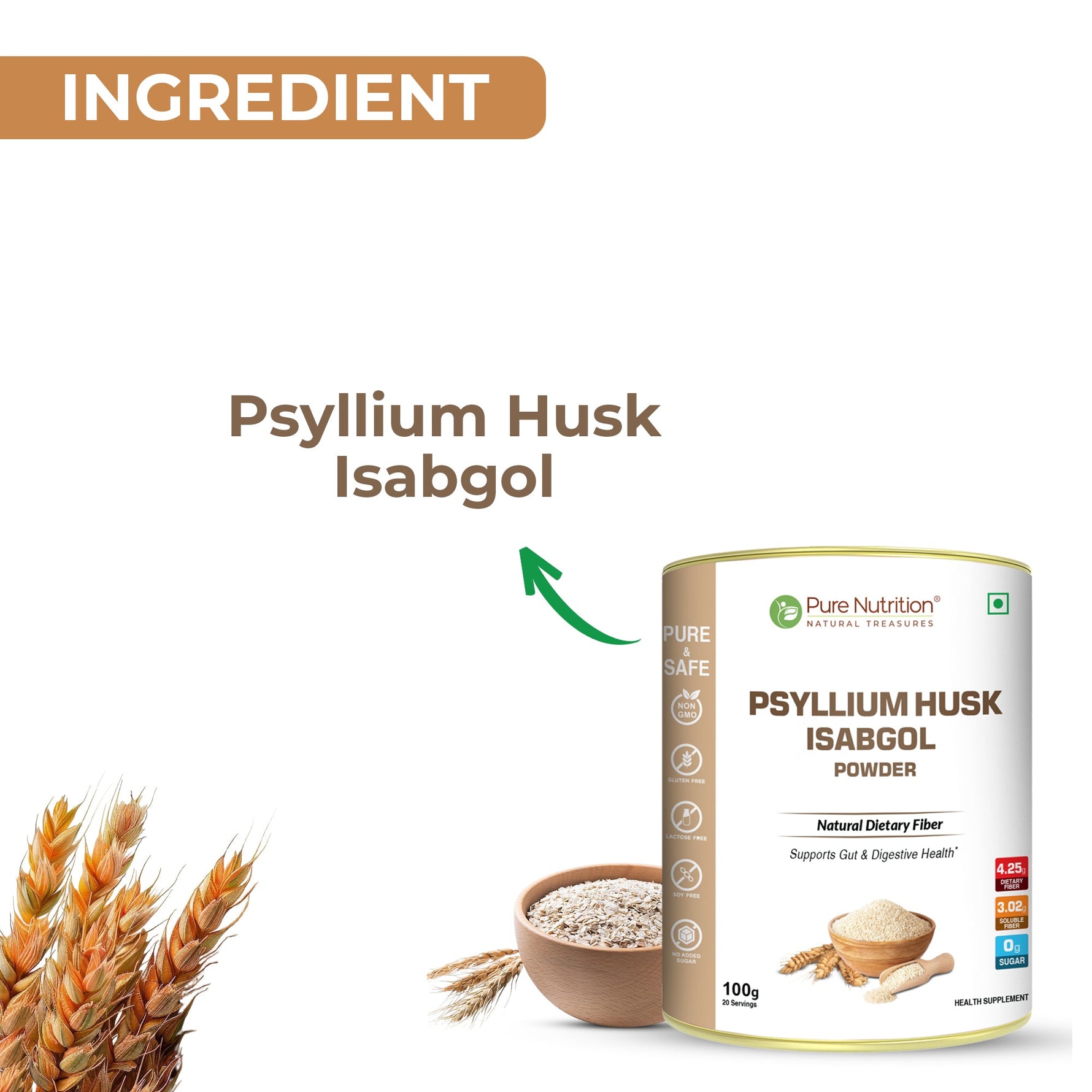 Pure Nutrition Psyllium Husk Isabgol Powder, 100g | Natural Dietary Fiber Supplement | Supports Digestive & Gut Health | Helps Ease Irregularity & Bloating | Gluten Free, No Sugar Added