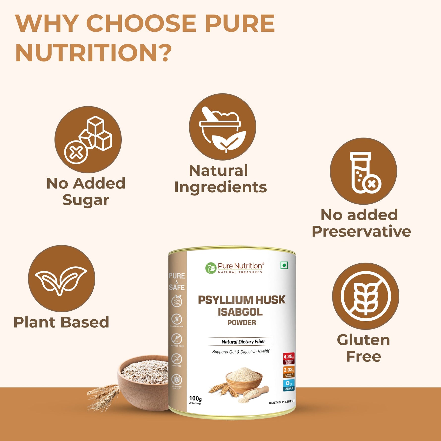 Pure Nutrition Psyllium Husk Isabgol Powder, 100g | Natural Dietary Fiber Supplement | Supports Digestive & Gut Health | Helps Ease Irregularity & Bloating | Gluten Free, No Sugar Added