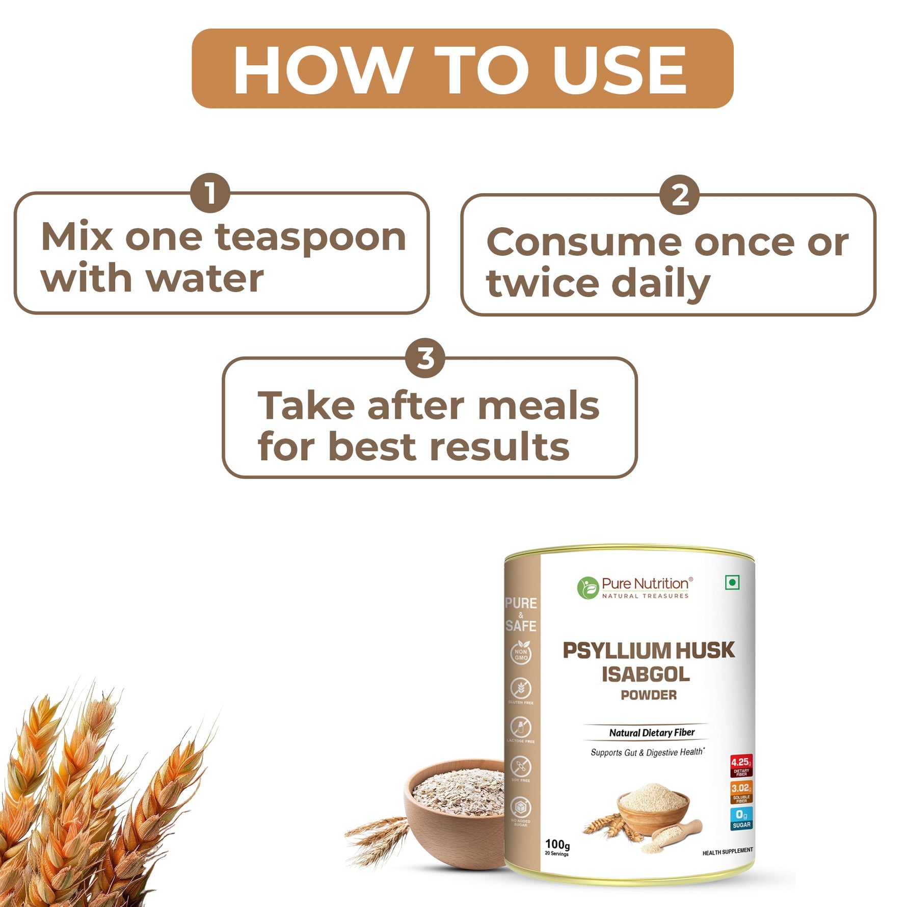 Pure Nutrition Psyllium Husk Isabgol Powder, 100g | Natural Dietary Fiber Supplement | Supports Digestive & Gut Health | Helps Ease Irregularity & Bloating | Gluten Free, No Sugar Added