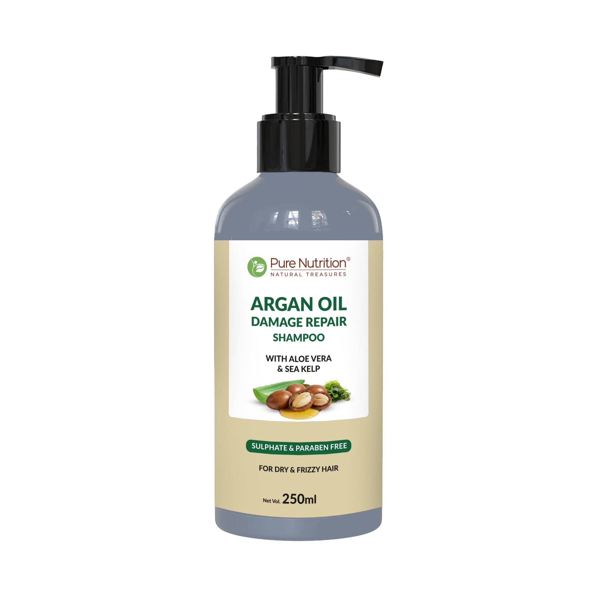 Pure Nutrition Argan Oil Damage Repair Shampoo 250ml | Sulphate & Paraben Free | With Aloe Vera & Sea Kelp | Moisturizing Shampoo for Dry, Damaged & Frizzy Hair