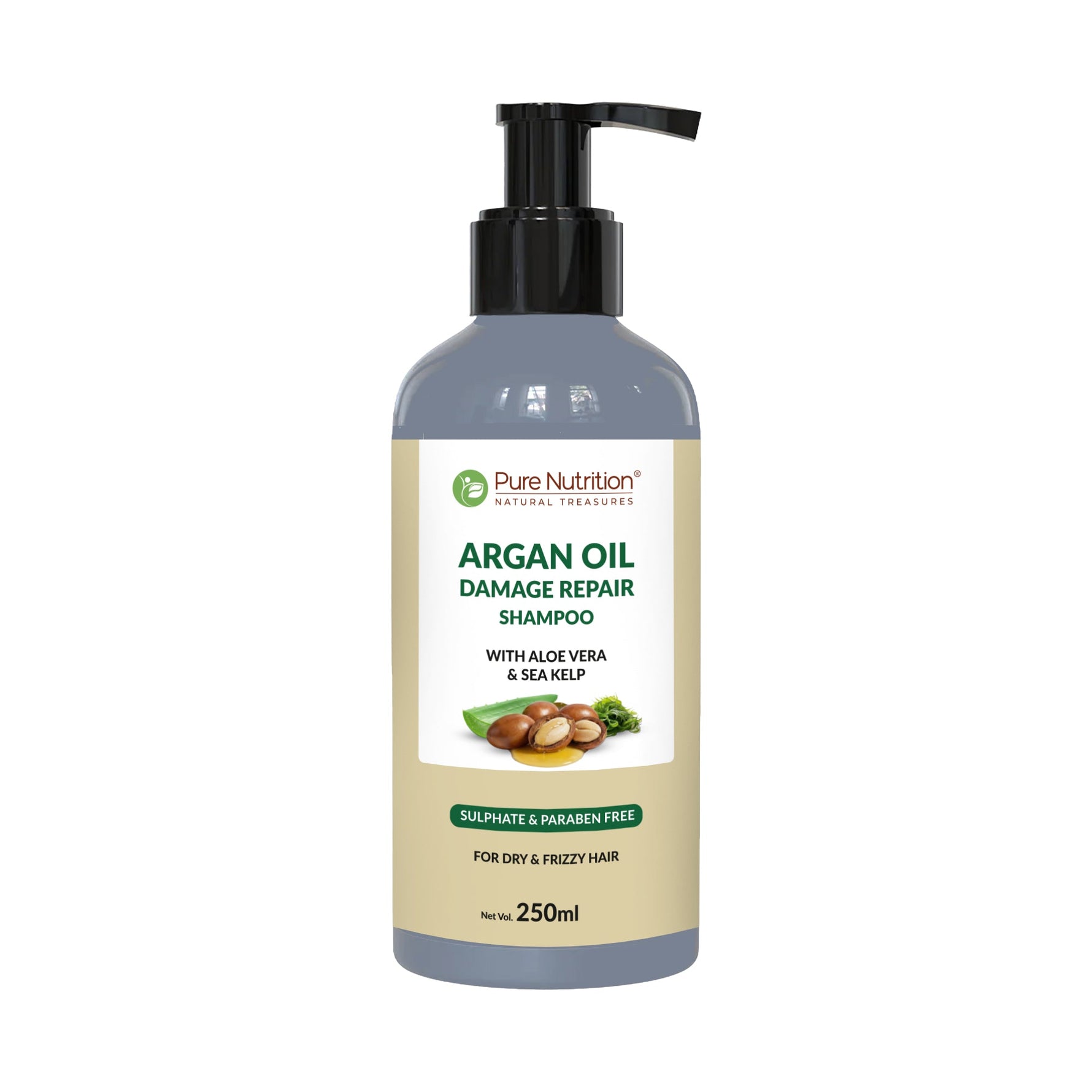 Pure Nutrition Argan Oil Damage Repair Shampoo 250ml | Sulphate & Paraben Free | With Aloe Vera & Sea Kelp | Moisturizing Shampoo for Dry, Damaged & Frizzy Hair