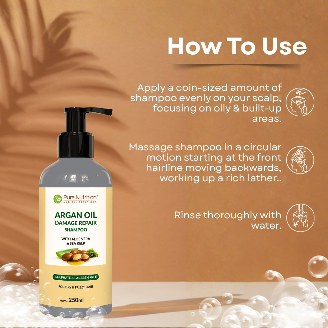 Pure Nutrition Argan Oil Damage Repair Shampoo 250ml | Sulphate & Paraben Free | With Aloe Vera & Sea Kelp | Moisturizing Shampoo for Dry, Damaged & Frizzy Hair