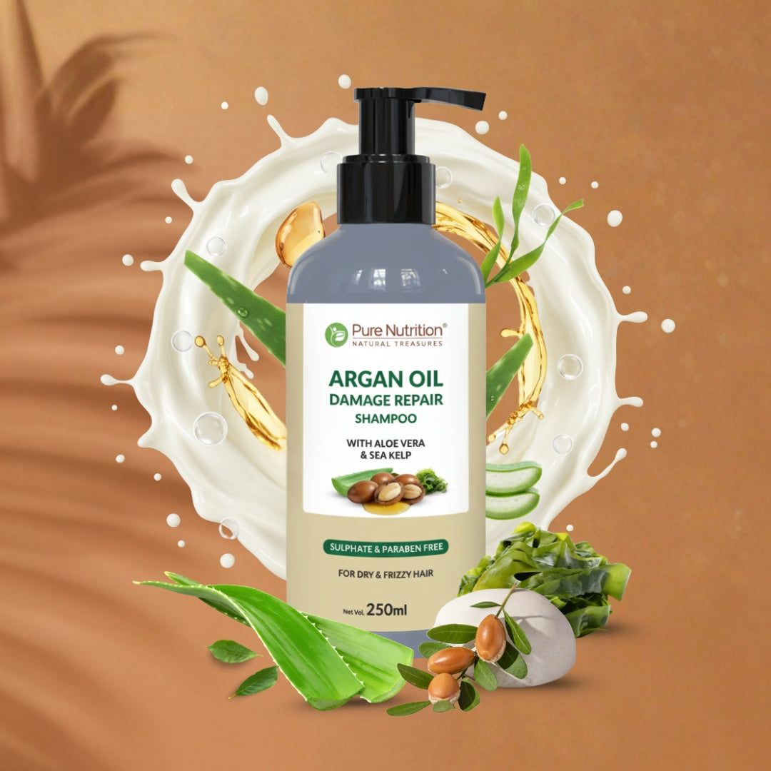 Pure Nutrition Argan Oil Damage Repair Shampoo 250ml | Sulphate & Paraben Free | With Aloe Vera & Sea Kelp | Moisturizing Shampoo for Dry, Damaged & Frizzy Hair