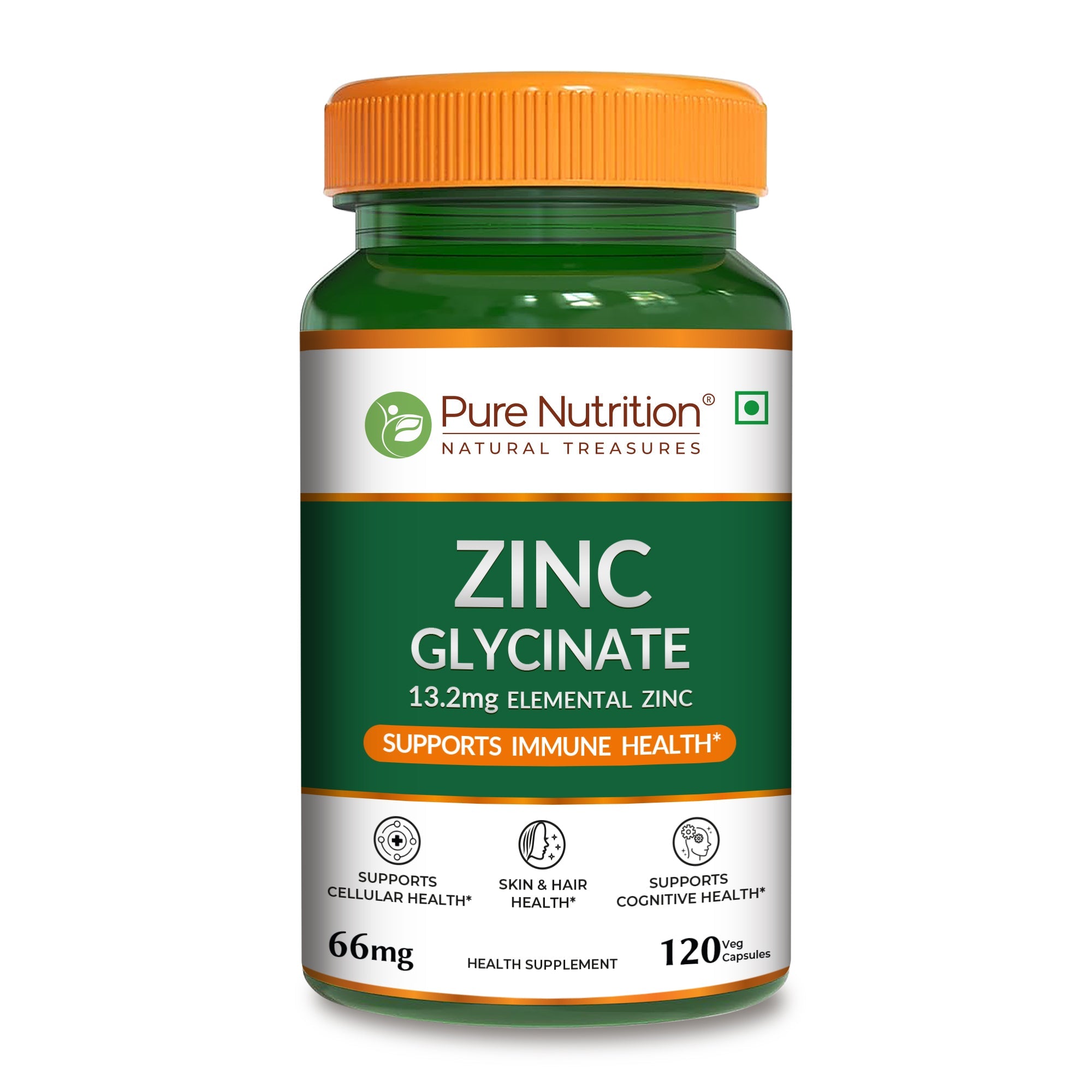 Pure Nutrition Zinc Glycinate Supplement (66 mg) | 120 Veg Capsules | 13.2 mg Elemental Zinc | Daily Zinc Supplement for Skin, Hair & General Wellness