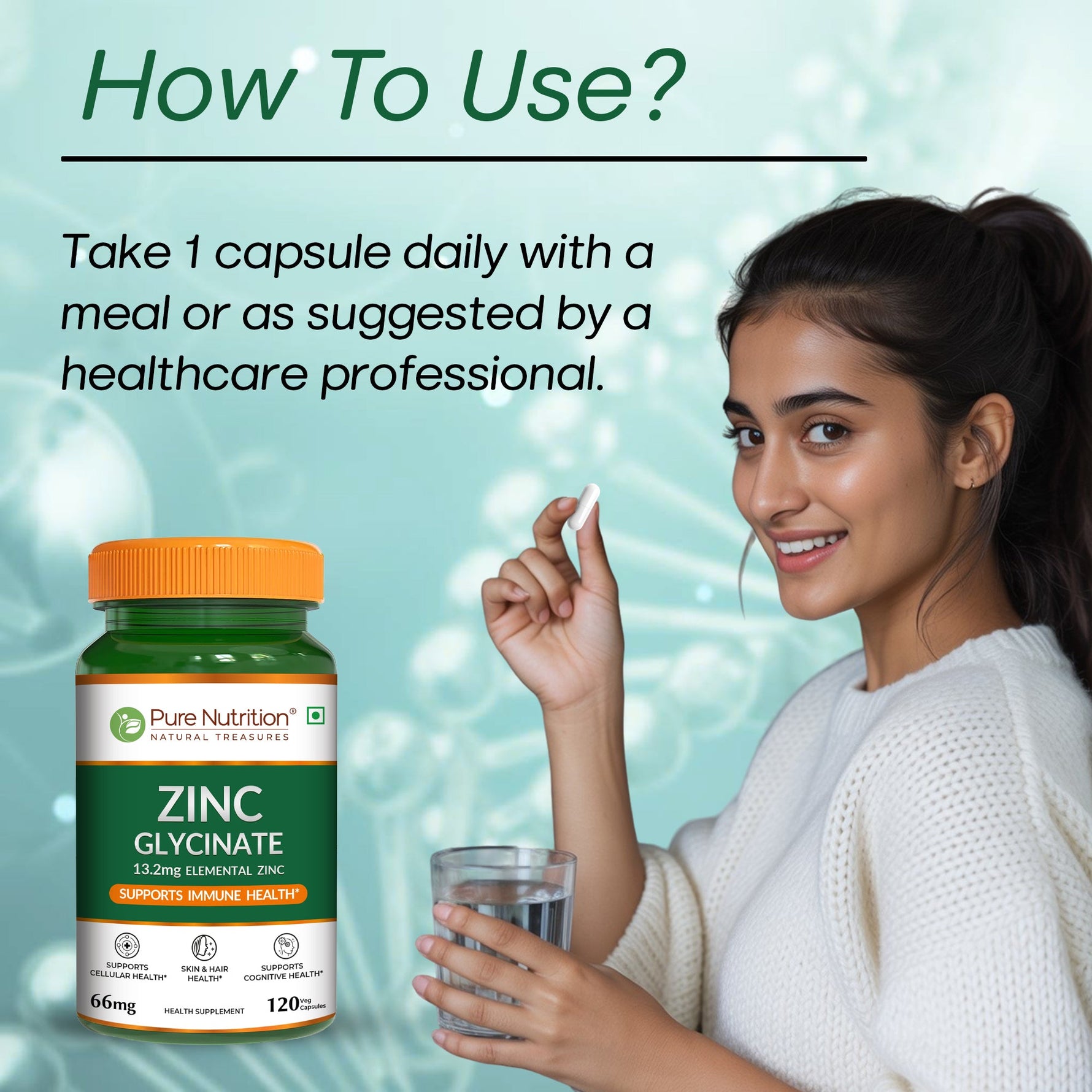 Pure Nutrition Zinc Glycinate Supplement (66 mg) | 120 Veg Capsules | 13.2 mg Elemental Zinc | Daily Zinc Supplement for Skin, Hair & General Wellness