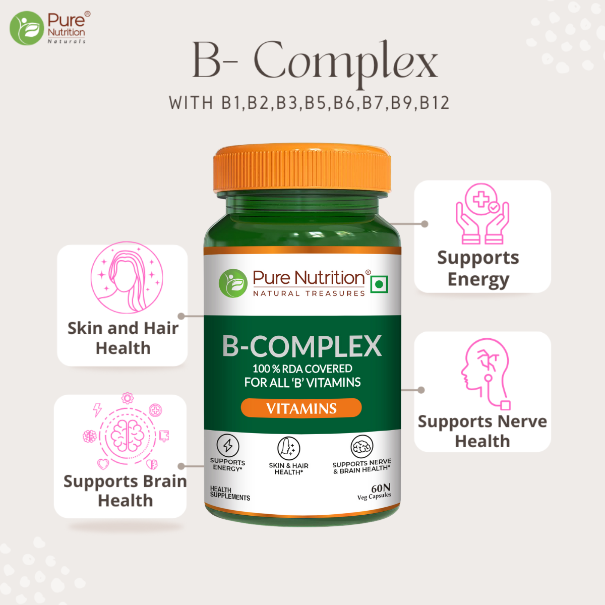 Pure Nutrition B-Complex 60 Veg Tabs – 100% RDA of B1, B2, B3, B5, B6, B9 | Boosts Immunity, Supports Hair Growth, Energy & Overall Health for Men & Women