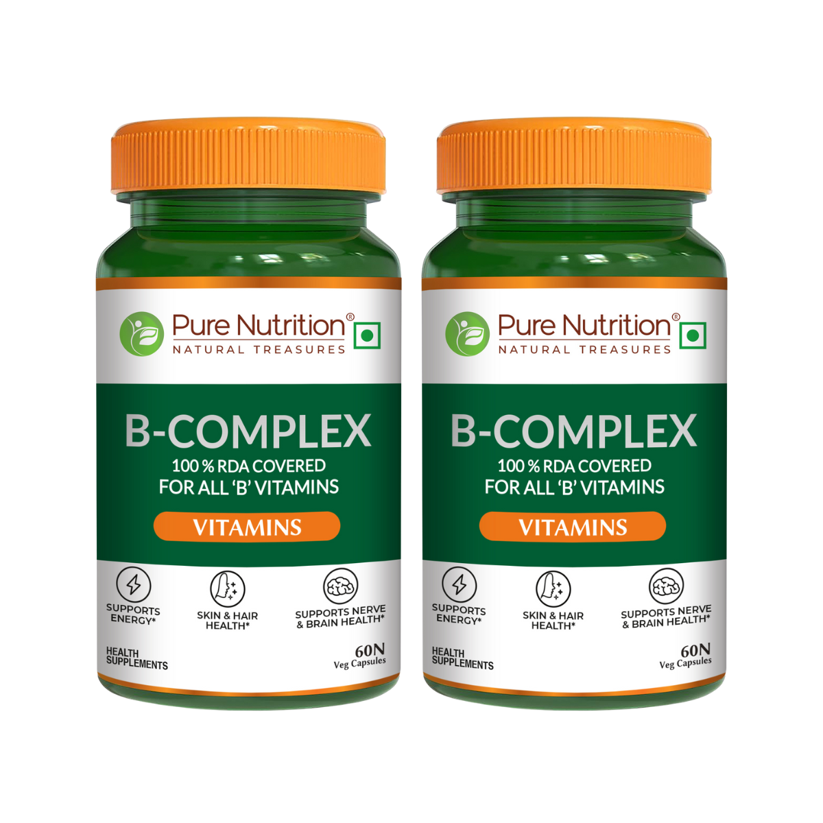 Pure Nutrition B-Complex 60 Veg Tabs – 100% RDA of B1, B2, B3, B5, B6, B9 | Boosts Immunity, Supports Hair Growth, Energy & Overall Health for Men & Women