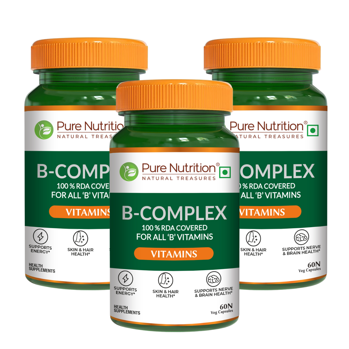 Pure Nutrition B-Complex 60 Veg Tabs – 100% RDA of B1, B2, B3, B5, B6, B9 | Boosts Immunity, Supports Hair Growth, Energy & Overall Health for Men & Women